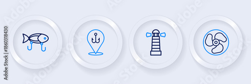Set line Outboard boat motor, Lighthouse, Fishing hook and lure icon. Vector