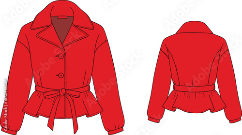 Stylish Red Women's Peplum Jacket Flat Lay Technical Fashion Sketch Isolated on White Background with Front and Back View for E-commerce and Design Projects