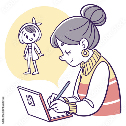 Artist draws imagined child on digital tablet