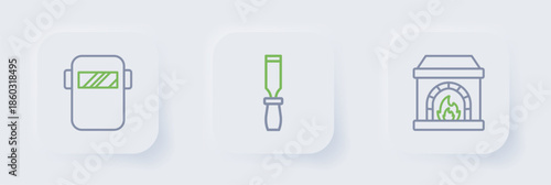 Set line Blacksmith oven, Rasp metal file and Welding mask icon. Vector