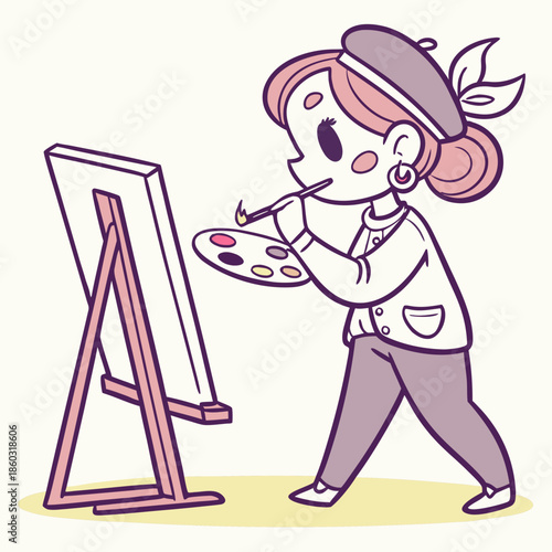 Cartoon Artist Painting on Easel