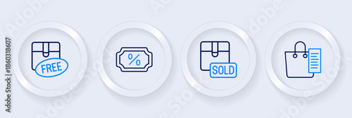 Set line Shopping list, Sold, Discount percent tag and Cardboard box with free symbol icon. Vector