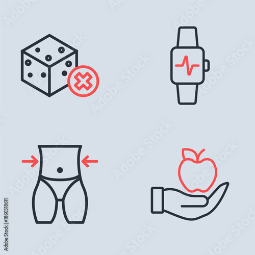 Set line Smart watch with heart, Women waist, Apple and No sugar free icon. Vector