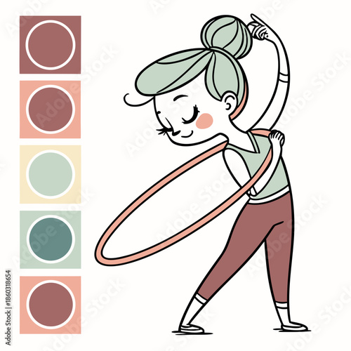 Cartoon girl exercising with a hula hoop