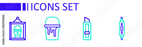 Set line Marker pen, Stationery knife, Paint bucket and Picture icon. Vector