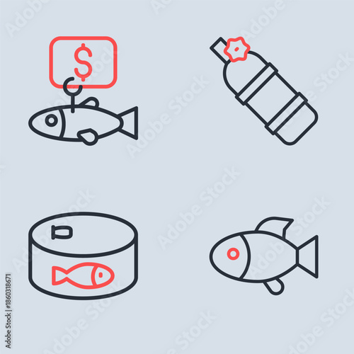 Set line Aqualung, Canned fish, Fish and Price tag for icon. Vector