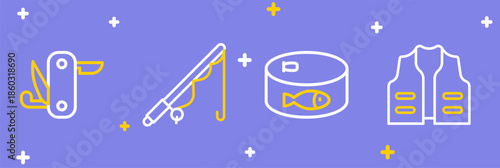 Set line Fishing jacket, Canned fish, rod and Swiss army knife icon. Vector