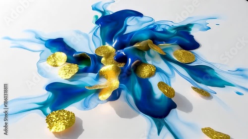 Abstract Blue and Gold Liquid Paint Splash Forming Elegant Flowing Motion With Glossy Texture on Clean White Studio Surface