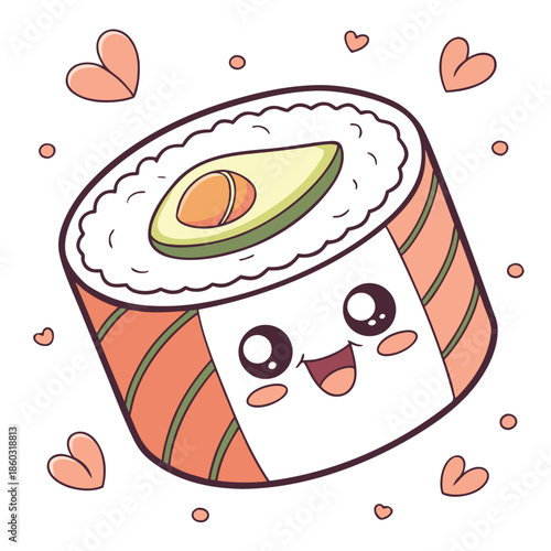 Cute happy sushi roll character with smiling face and hearts around, adorable cartoon vector illustration