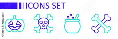 Set line Crossed bones, Halloween witch cauldron, Skull crossbones and Pumpkin icon. Vector