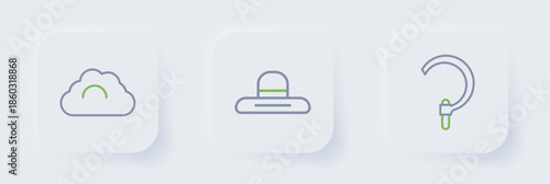 Set line Sickle, Farmer worker hat and Cloudy weather icon. Vector
