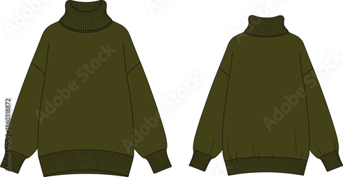 Turtleneck sweater illustration, dark olive green, ribbed cuffs hem collar, dropped shoulders, loose fit, front back view, fashion sketch, garment design