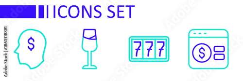 Set line Online poker table game, Slot machine with jackpot, Wine glass and Lucky player icon. Vector