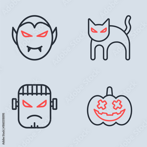 Set line Black cat, Frankenstein face, Pumpkin and Vampire icon. Vector