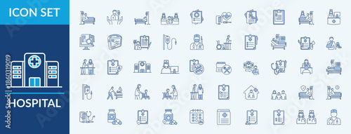 Hospital - Icon Collection. Thin Line Blue Set contains such Icons as doctor, nurse, monitor, infusion, surgical and more. Simple web icons set
