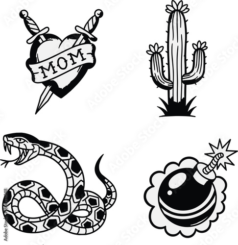 Tattoo-style black and white illustrations of heart MOM banner, cactus, coiled snake, cartoon bomb, bold ink art, symbolic design