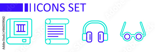 Set line Glasses, Headphones, Decree, parchment, scroll and Book icon. Vector