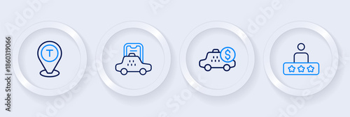 Set line Taxi service rating, Taximeter device, mobile app and Location taxi car icon. Vector