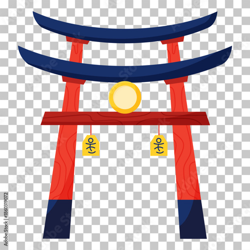 A traditional Japanese torii gate with red pillars, blue curved roofs, a golden emblem, and hanging charms, on a transparent background.