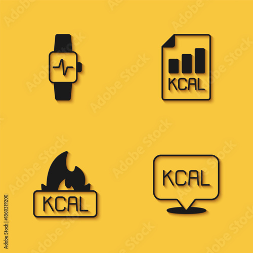 Set Smart watch with heart, Kcal, and Diet plan icon with long shadow. Vector