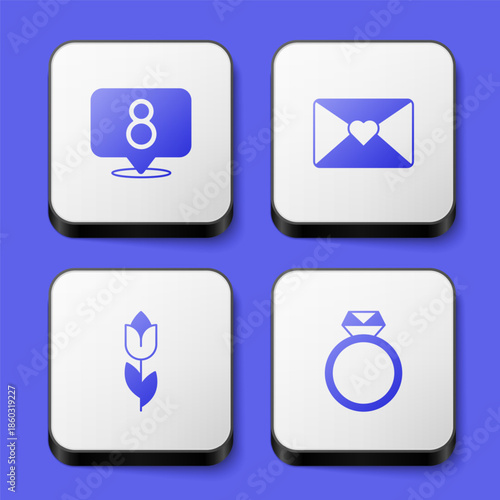 Set 8 March, Envelope with, Flower tulip and Diamond engagement ring icon. White square button. Vector