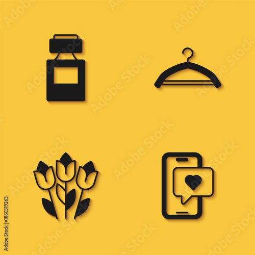 Set Perfume, Mobile with heart, Flower tulip and Hanger wardrobe icon with long shadow. Vector