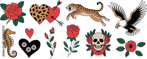 Tattoo-style icon set, bold vector illustrations of hearts, roses, eagle, leopard, skull, and seahorse for fashion, decor, and symbolic design
