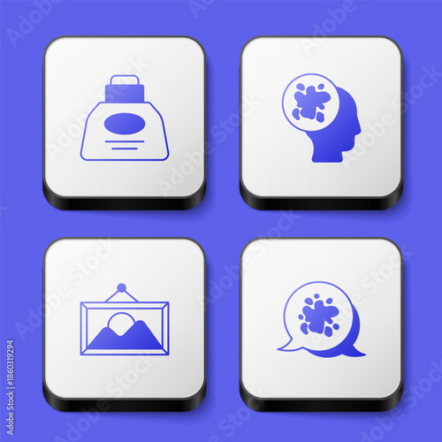 Set Inkwell, Paint spray, Picture landscape and icon. White square button. Vector