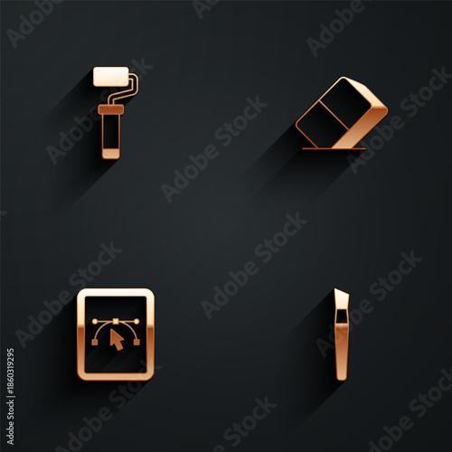 Set Paint roller brush, Eraser or rubber, Computer with design program and icon with long shadow. Vector