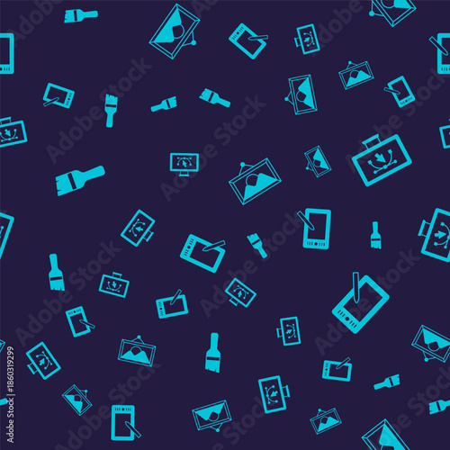 Set Paint brush, Computer with design program, Picture landscape and Graphic tablet on seamless pattern. Vector
