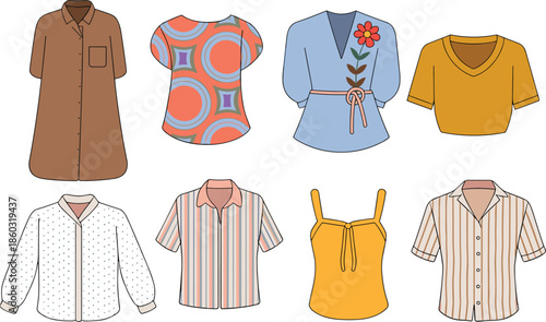 top and blouse set, stylish fashion illustration, trendy outfit design pack, colorful clothing elements, casual wardrobe vector, modern apparel collection
