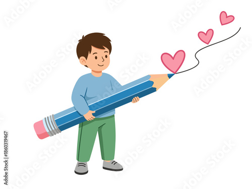 Creative Child Drawing with Giant Pencil