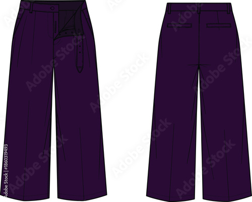 Wide-leg trousers technical drawing, high waist, belt detail, pleats, welt pockets, front back view, fashion design, garment sketch, clothing template