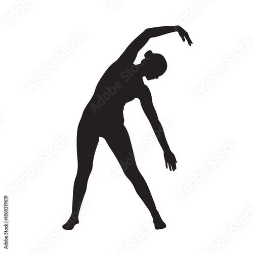 Black silhouette of woman stretching sideways with one arm raised