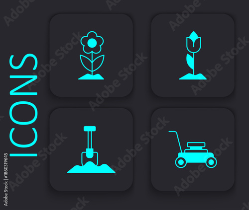 Set Lawn mower, Flower, tulip and Shovel icon. Black square button. Vector