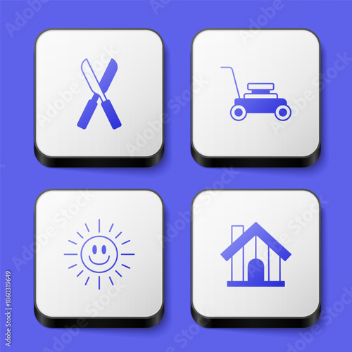 Set Gardening scissors, Lawn mower, Sun and Farm house icon. White square button. Vector