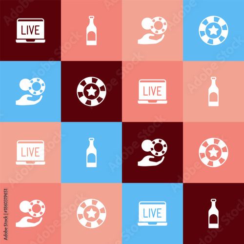 Set pop art Online poker table game, Bottle of wine, Hand holding casino chips and Casino icon. Vector