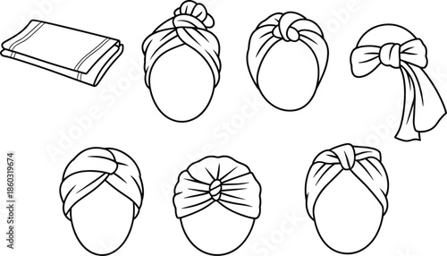 Headwrap tying guide illustration, turban styles step-by-step, fabric wrap techniques, vector set for fashion design, cultural expression, hair styling,