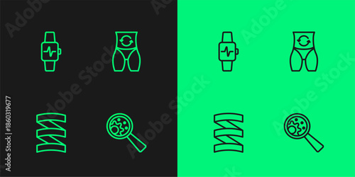 Set line GMO, Sports nutrition proteine, Smart watch with heart and Metabolism icon. Vector
