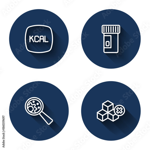 Set line Kcal, Vitamins, GMO and No sugar free with long shadow. Blue circle button. Vector