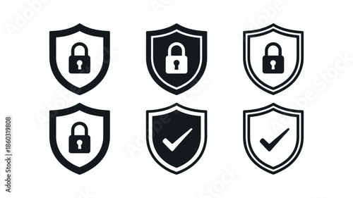 Set of Security Shield Icons Vector. Logotypes with Check Mark and Padlock Symbols for Protection, Privacy, and Digital Safety