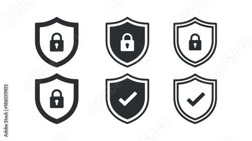 Security Shield Icon Set Vector – Shields with Check Mark and Padlock Symbols