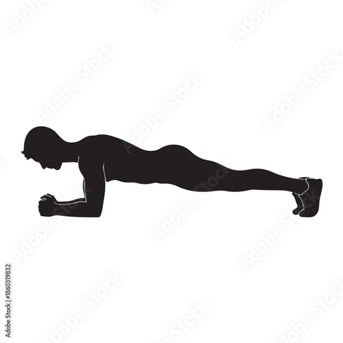 Man doing push-up exercise in black silhouette on white background fitness workout