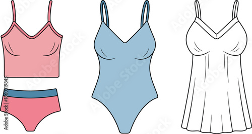 Vector Illustration Set of Women's Underwear, Sleepwear, and Swimsuit: Pink Camisole and Panties, Blue One-Piece Bodysuit, White Chemise