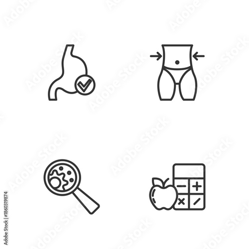 Set line Calorie calculator, GMO, Human stomach health and Women waist icon. Vector