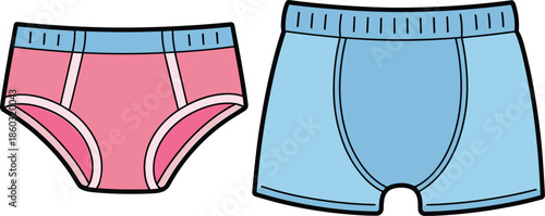 Vector Technical Flats of Men's Boxer Briefs and Women's Pink Underwear Panties, Apparel Template for Lingerie and Clothing Design