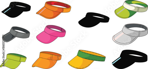 Colorful visor collection set, sporty fashion headwear, stylish sun protection accessories, vector illustration pack, casual summer outfit design elements
