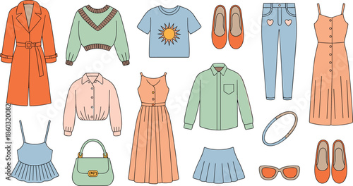 wardrobe set, stylish clothing and accessory illustration, trendy outfit elements, seasonal apparel design pack, modern garment collection, vector flat lay