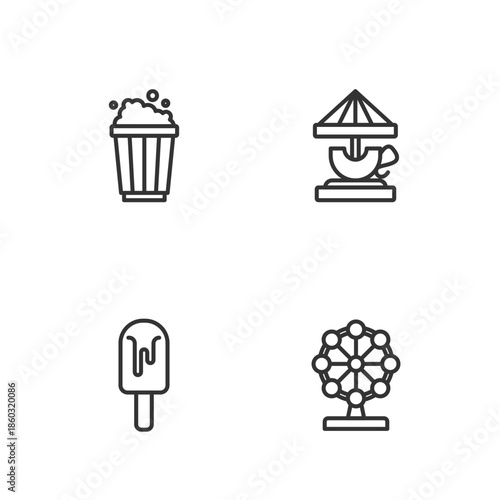 Set line Ferris wheel, Ice cream, Popcorn in cardboard box and Attraction carousel icon. Vector