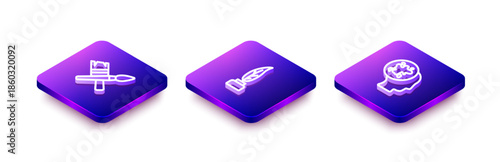 Set Isometric line Paint brush, Feather and inkwell and spray icon. Vector
